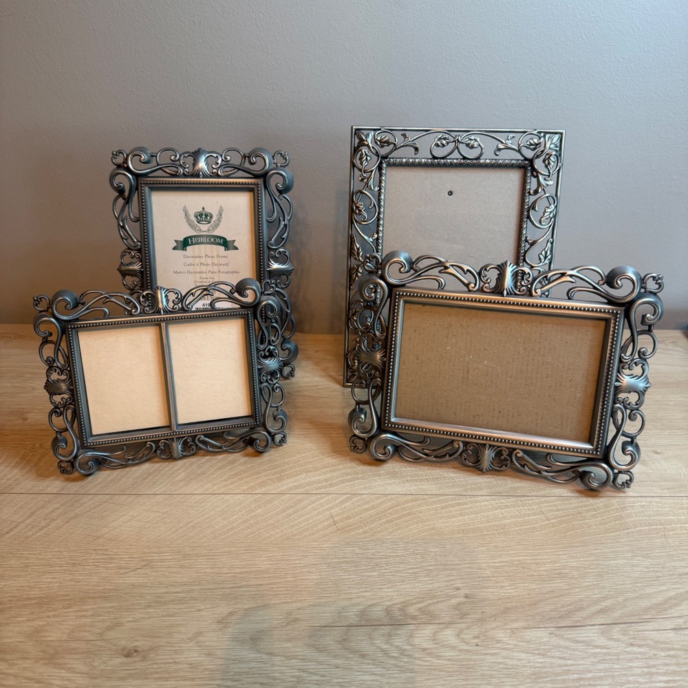 Heirloom Silver Ornate Photo Frame Set 4pc Baroque Scrollwork 4x6 Double Opening
